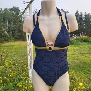 "Classy Swimwear" St. John Dark Blue and Gold Halter One-Piece Swimsuit